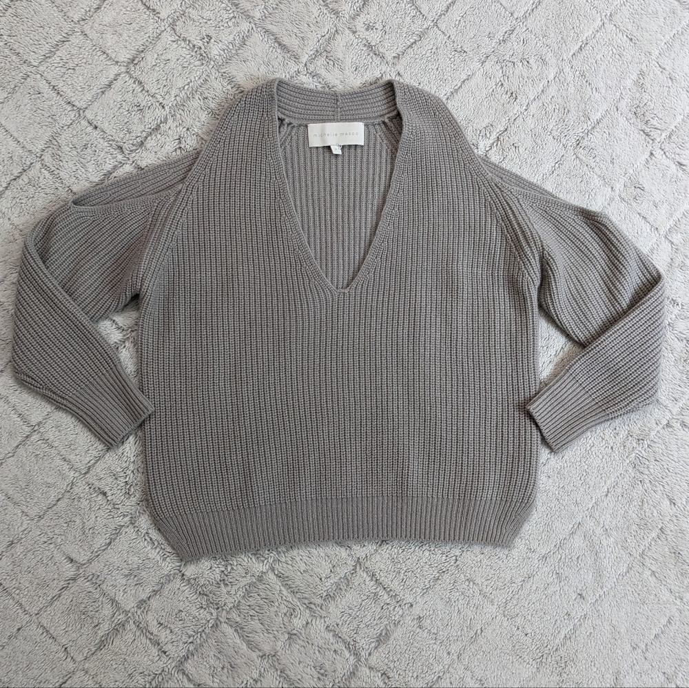 Michelle Mason V Neck Cutout Knit Sweater Women's P Gray Wool Cashmere ¾ Sleeve.